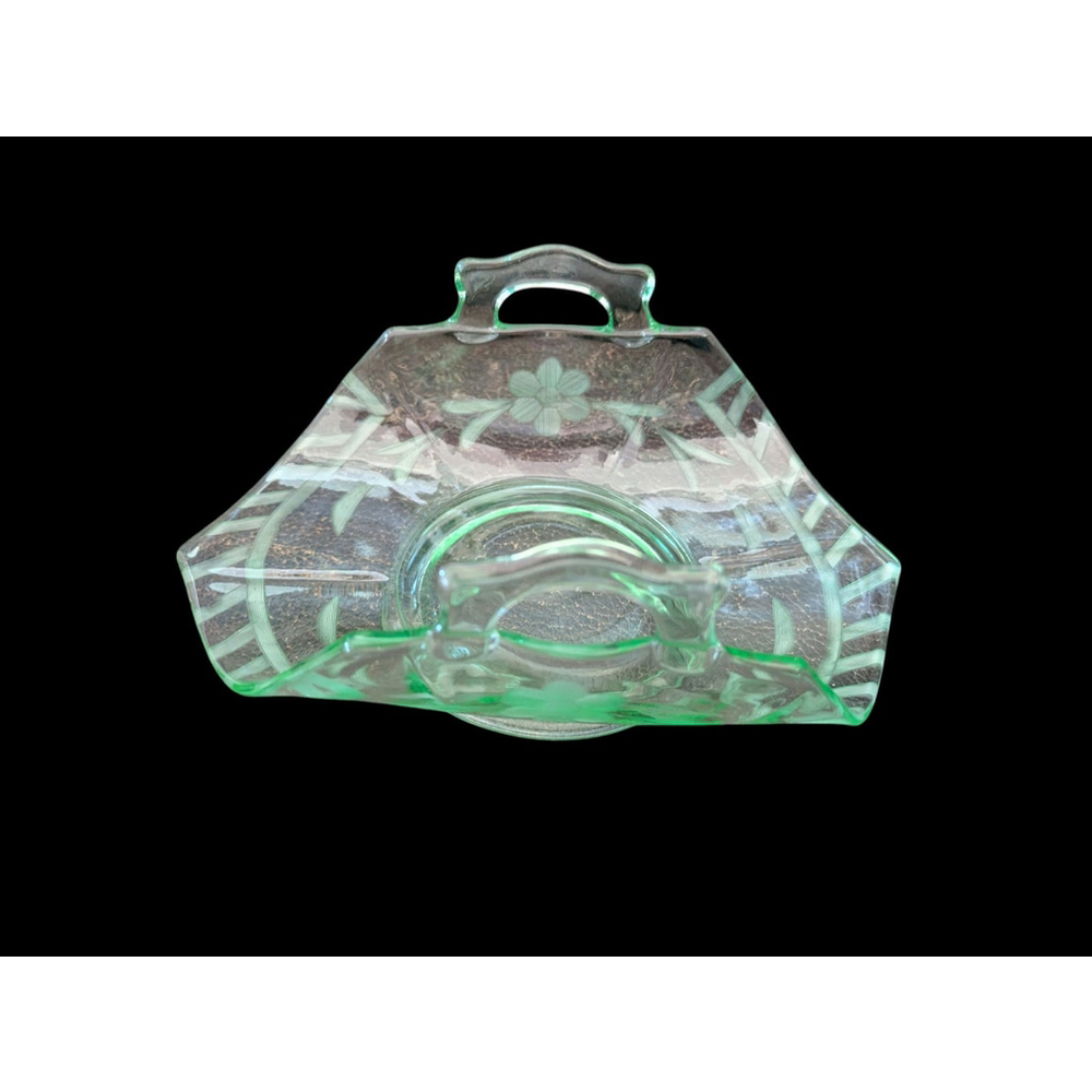 Vintage Uranium Glass Bonbon Dish Etched flowers GLOWS - Picture 2 of 4